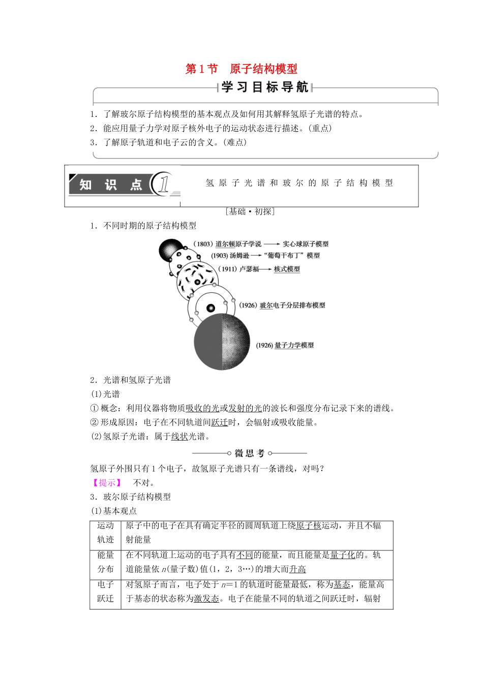 高中化学 第1章 原子结构 第1节 原子结构模型学案 鲁科版选修3-鲁科版高中选修3化学学案_第1页
