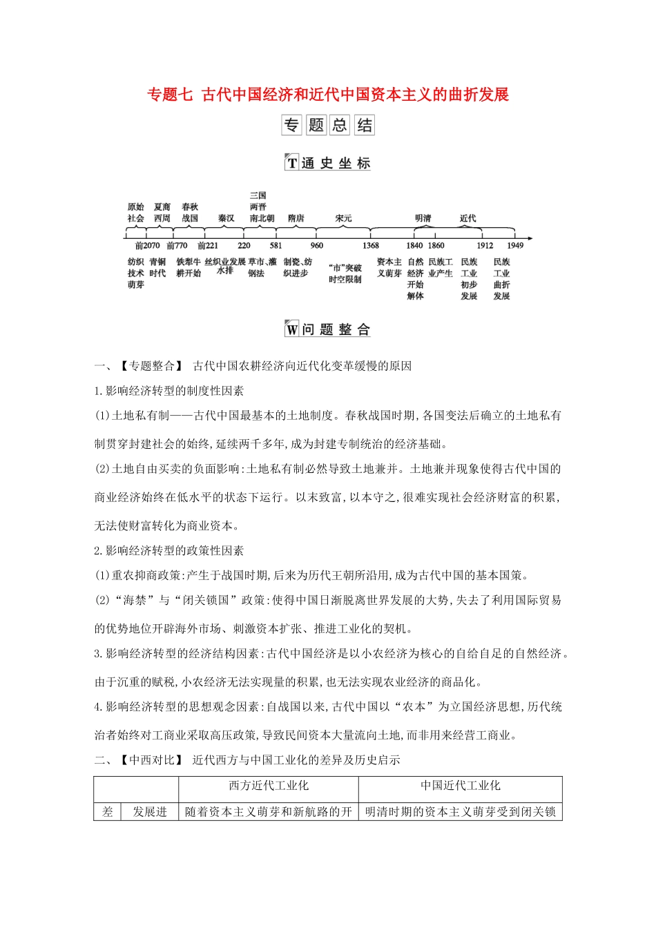 高考历史一轮复习 专题七 古代中国经济和近代中国资本主义的曲折发展专题总结导学案 人民版-人民版高三全册历史学案_第1页