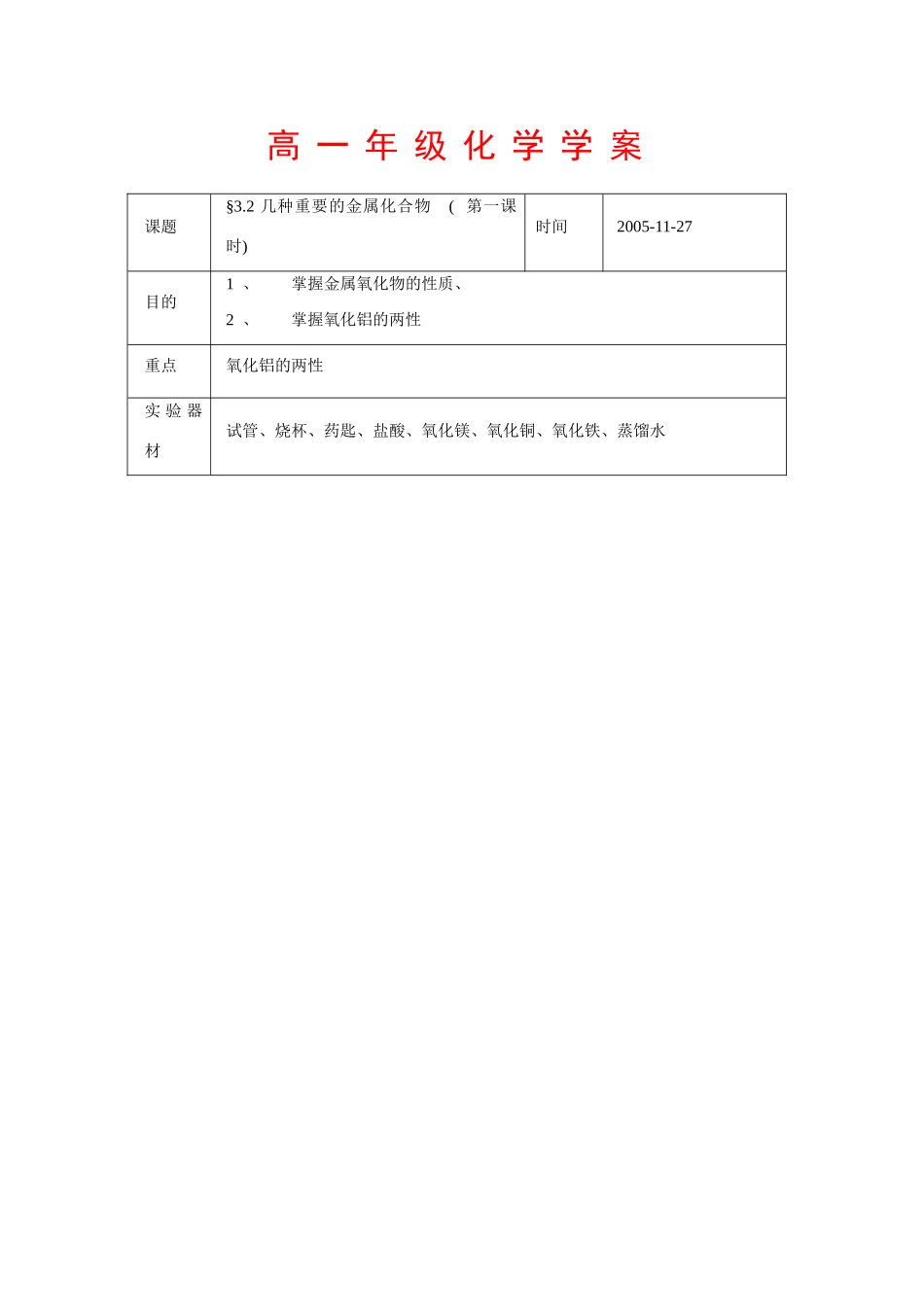 高中化学：3.2《几种重要的金属的化合物》学案-1（新人教版必修1）_第1页
