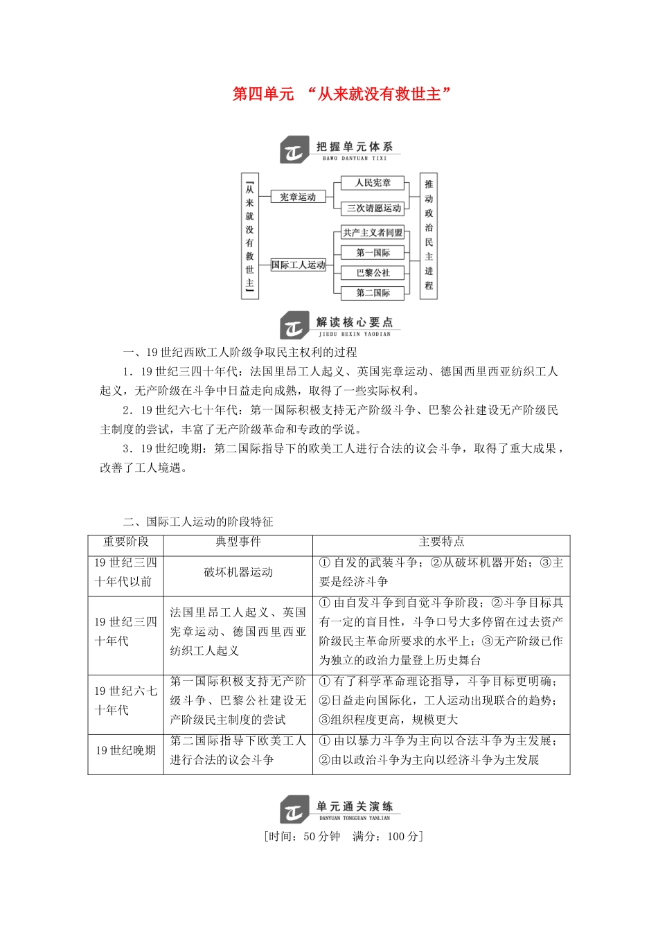 高中历史 第四单元 “从来就没有救世主”单元小结与测评学案（含解析）岳麓版选修2-岳麓版高二选修2历史学案_第1页