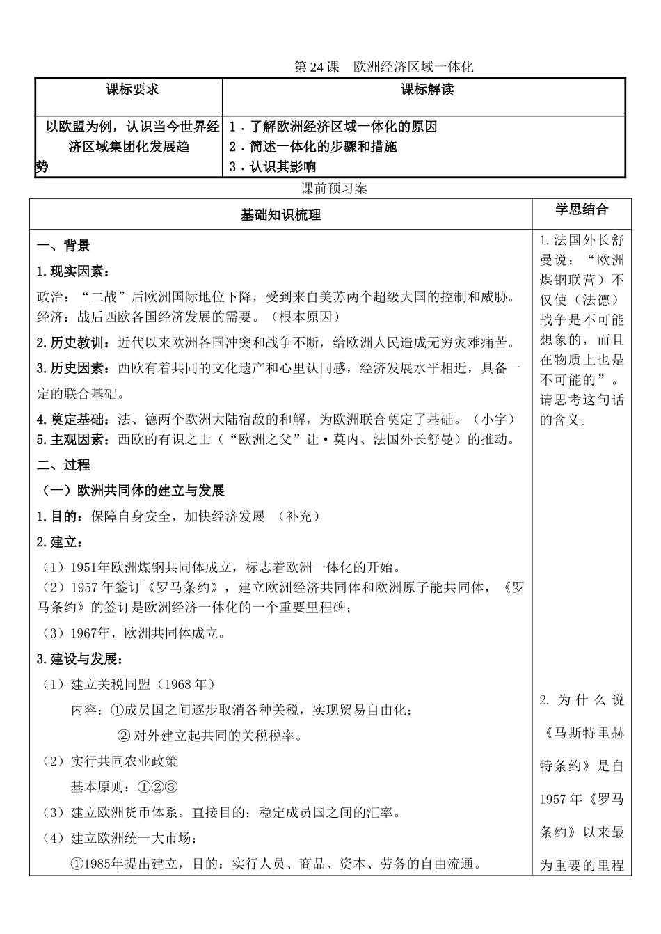 高中历史 第24课 欧洲的经济区域一体化学案 岳麓版必修2-岳麓版高一必修2历史学案_第1页