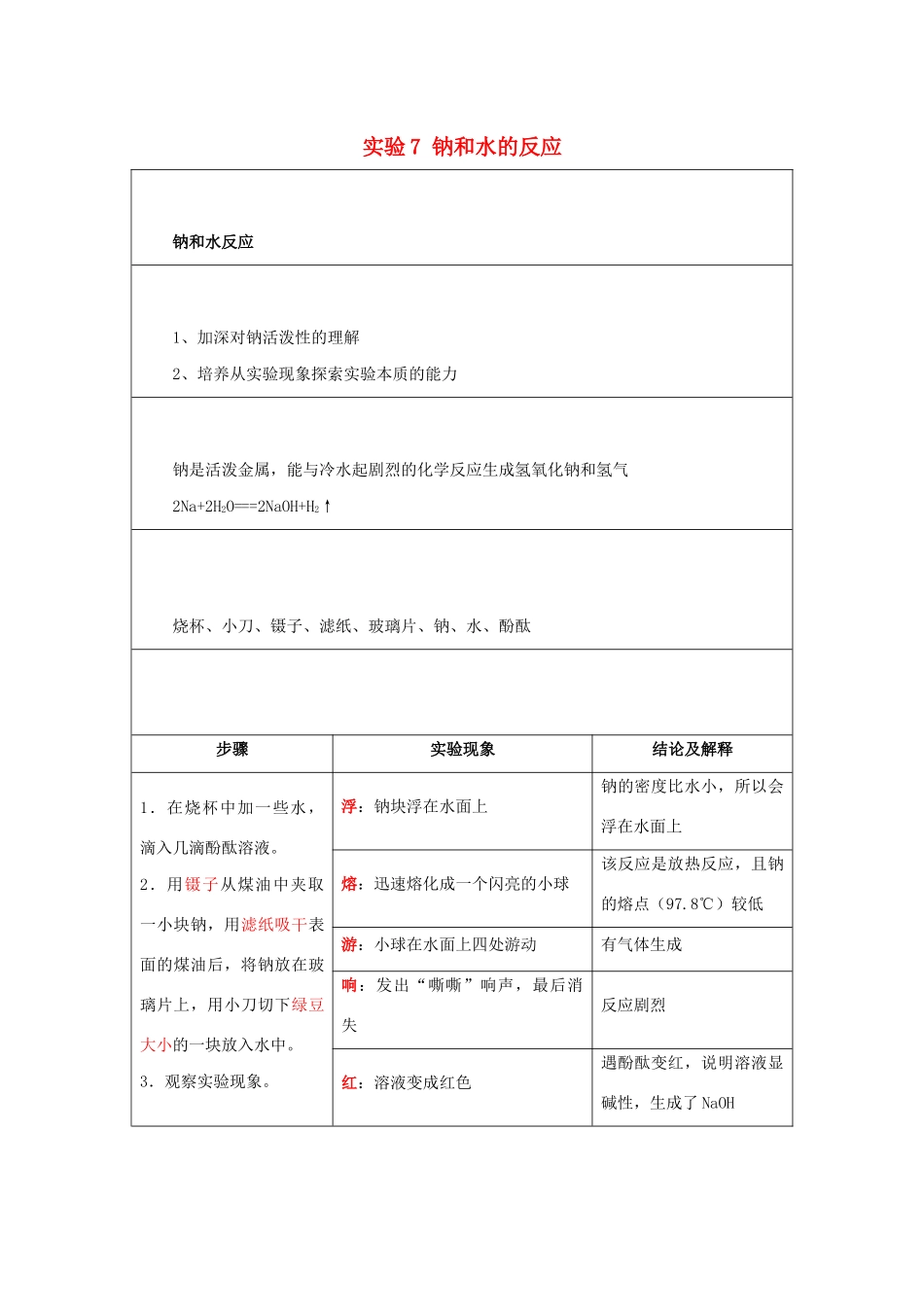 高一化学 实验7 钠和水的反应学案-人教版高一全册化学学案_第1页