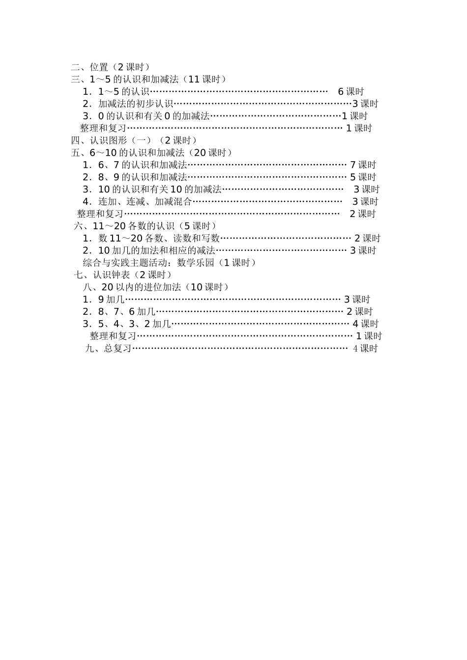 人教版一年级数学上册教学计划及进度表_第3页