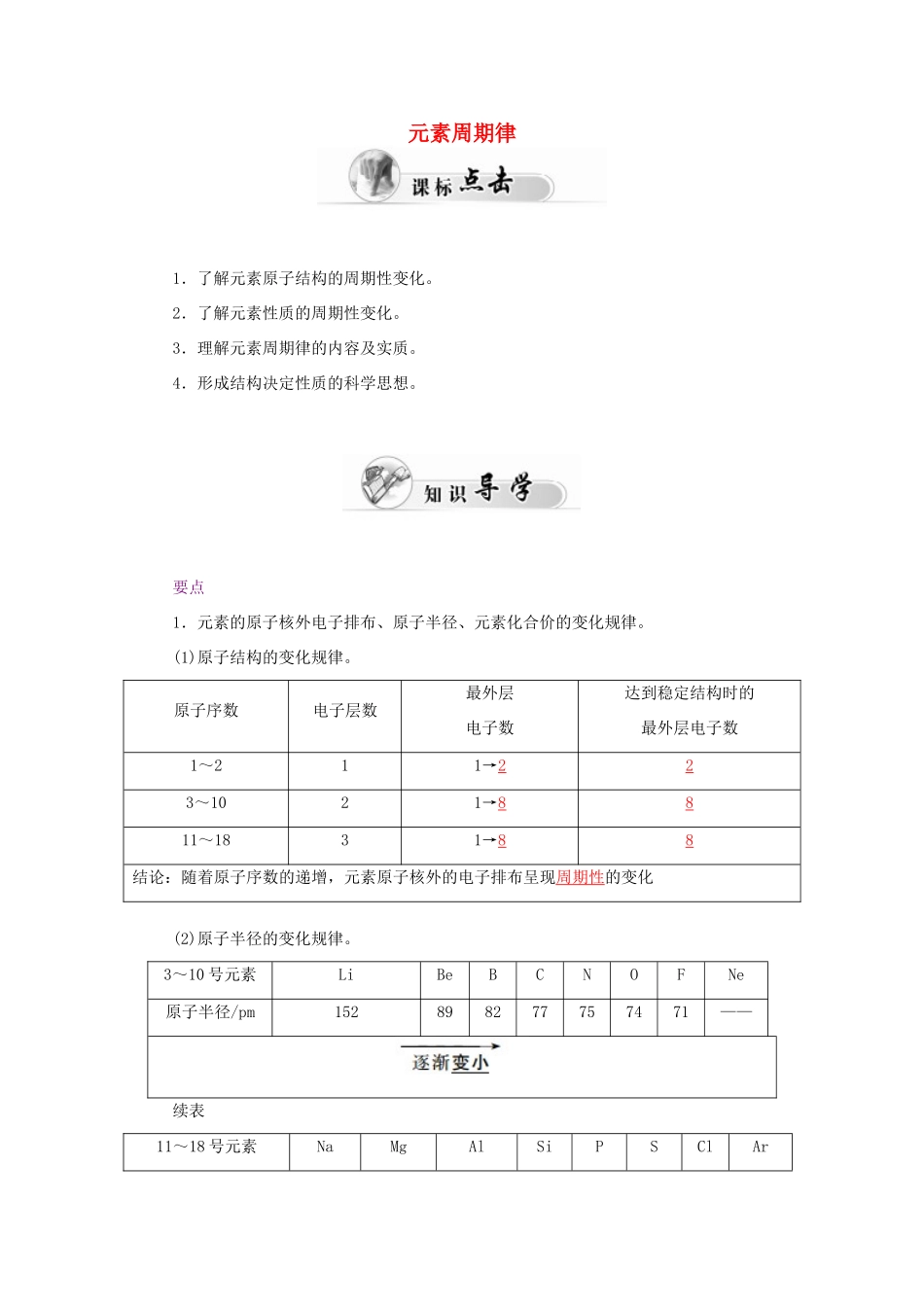 高中化学 1.2元素周期律（第2课时）元素周期律学案 新人教版必修2-新人教版高一必修2化学学案_第1页