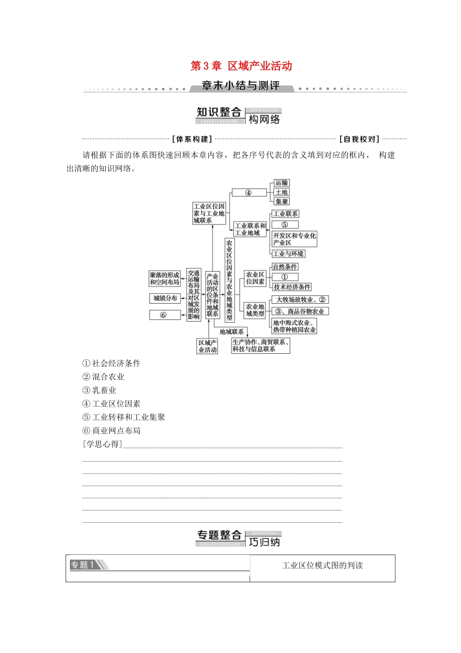 高中地理 第3章 区域产业活动章末小结与测评学案 湘教版必修2-湘教版高一必修2地理学案_第1页