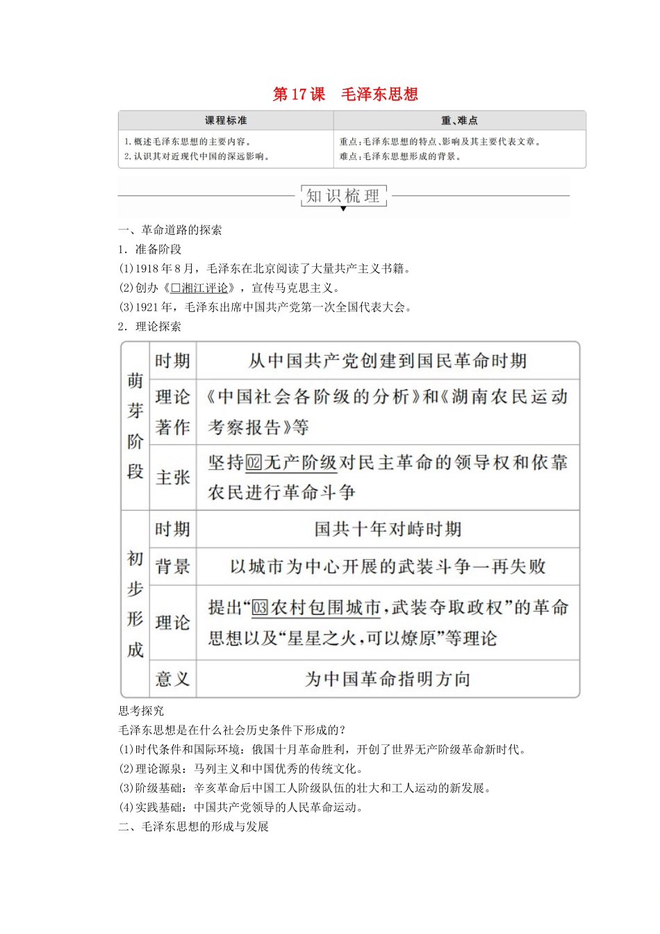 高中历史 第六单元 20世纪以来中国重大思想理论成果 第17课 毛泽东思想导学案 新人教版必修3-新人教版高二必修3历史学案_第1页