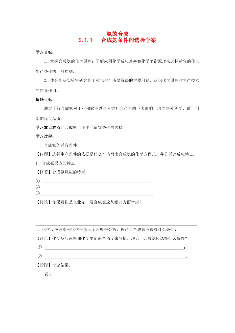 高中化学《氨的合成》学案2 苏教版选修2_第1页