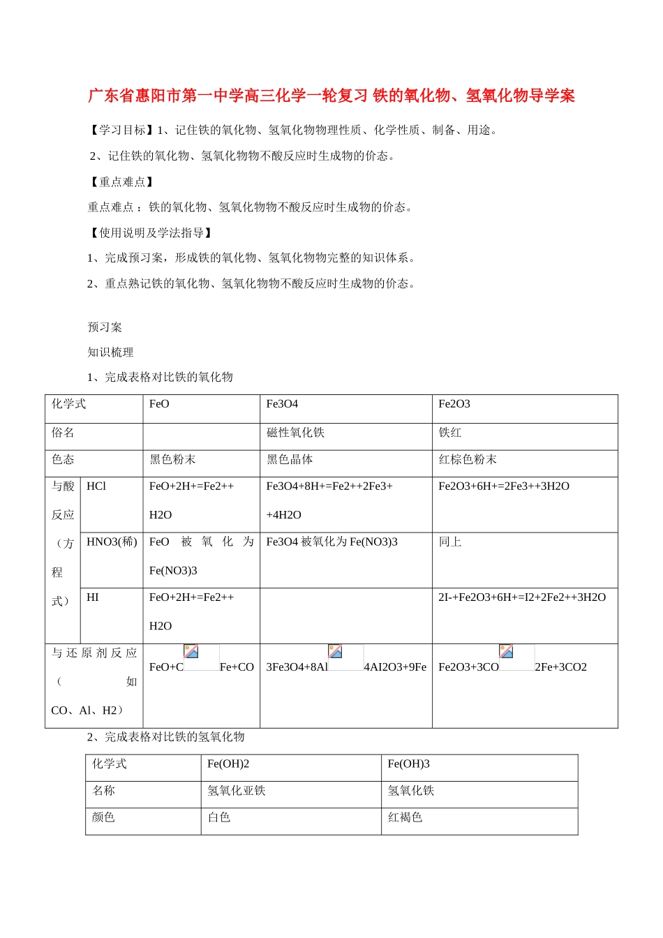 广东省惠阳市第一中学高三化学一轮复习 铁的氧化物、氢氧化物导学案_第1页