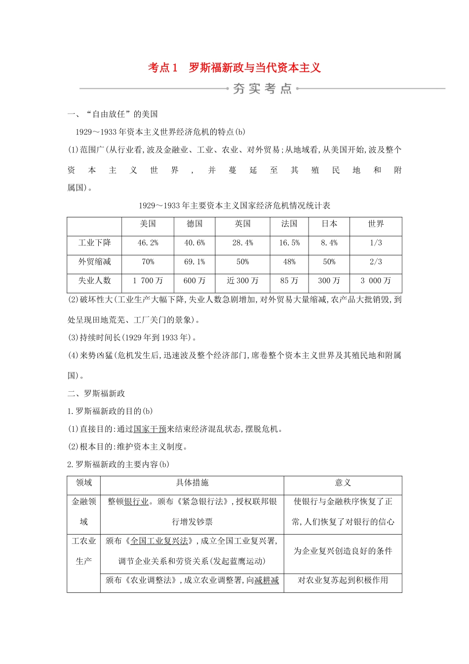 高考历史一轮复习 专题十 罗斯福新政与当代资本主义及苏联社会主义建设的经验与教训 考点1 罗斯福新政与当代资本主义导学案 人民版-人民版高三全册历史学案_第1页