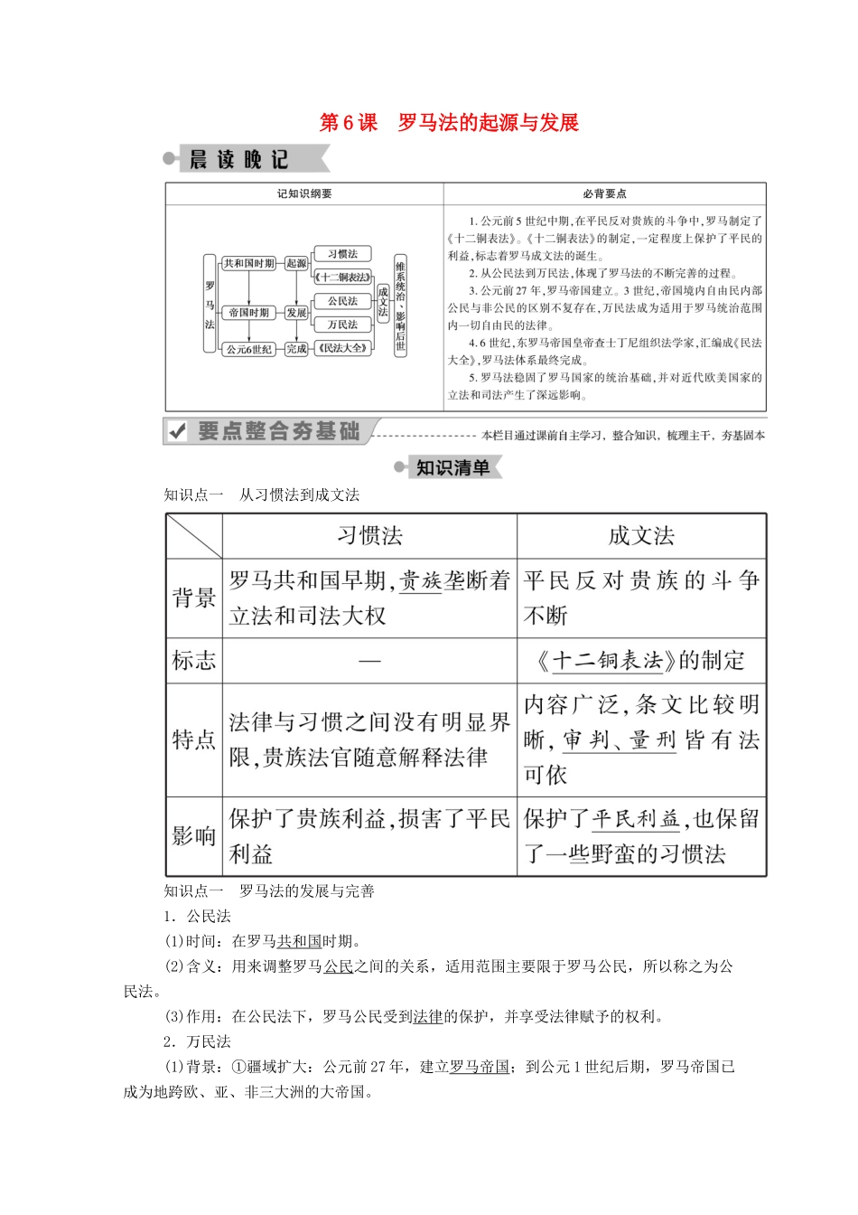 高中历史 第二单元 古代希腊罗马的政治制度 第6课 罗马法的起源与发展学案（含解析）新人教版必修1-新人教版高一必修1历史学案_第1页