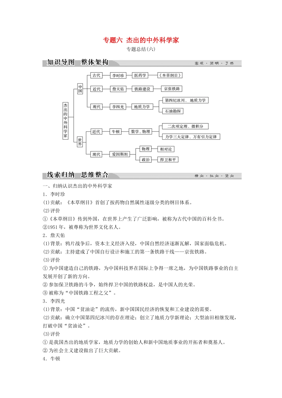 高中历史 专题六 杰出的中外科学家专题总结学案 人民版选修4-人民版高二选修4历史学案_第1页
