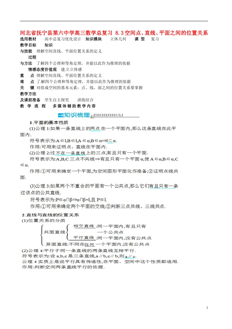河北省抚宁县第六中学高三数学总复习 8.3空间点、直线、平面之间的位置关系_第1页