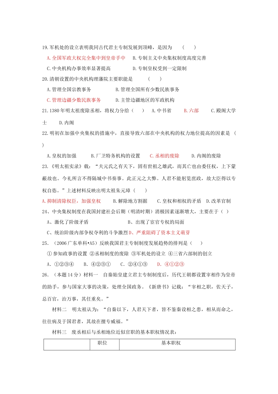 人民版必修一专题一古代中国的政治制度单元检测_第3页