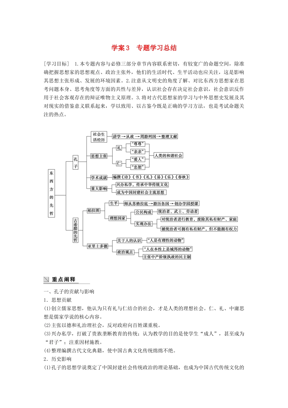 高中历史 专题二 东西方的先哲 课时3 专题学习总结学案 人民版选修4-人民版高二选修4历史学案_第1页