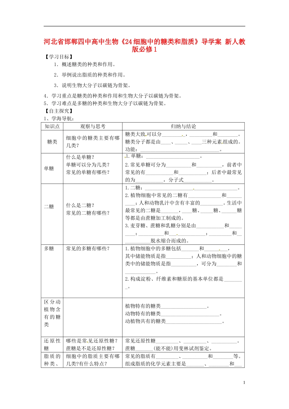 河北省邯郸四中高中生物《24细胞中的糖类和脂质》导学案 新人教版必修1_第1页