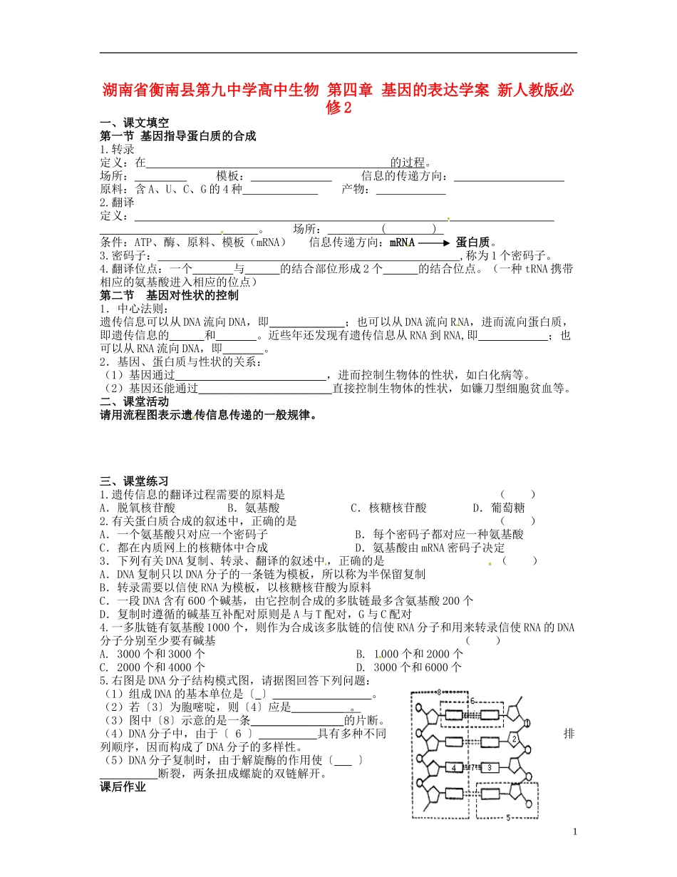 湖南省衡南县第九中学高中生物 第四章 基因的表达学案 新人教版必修2_第1页