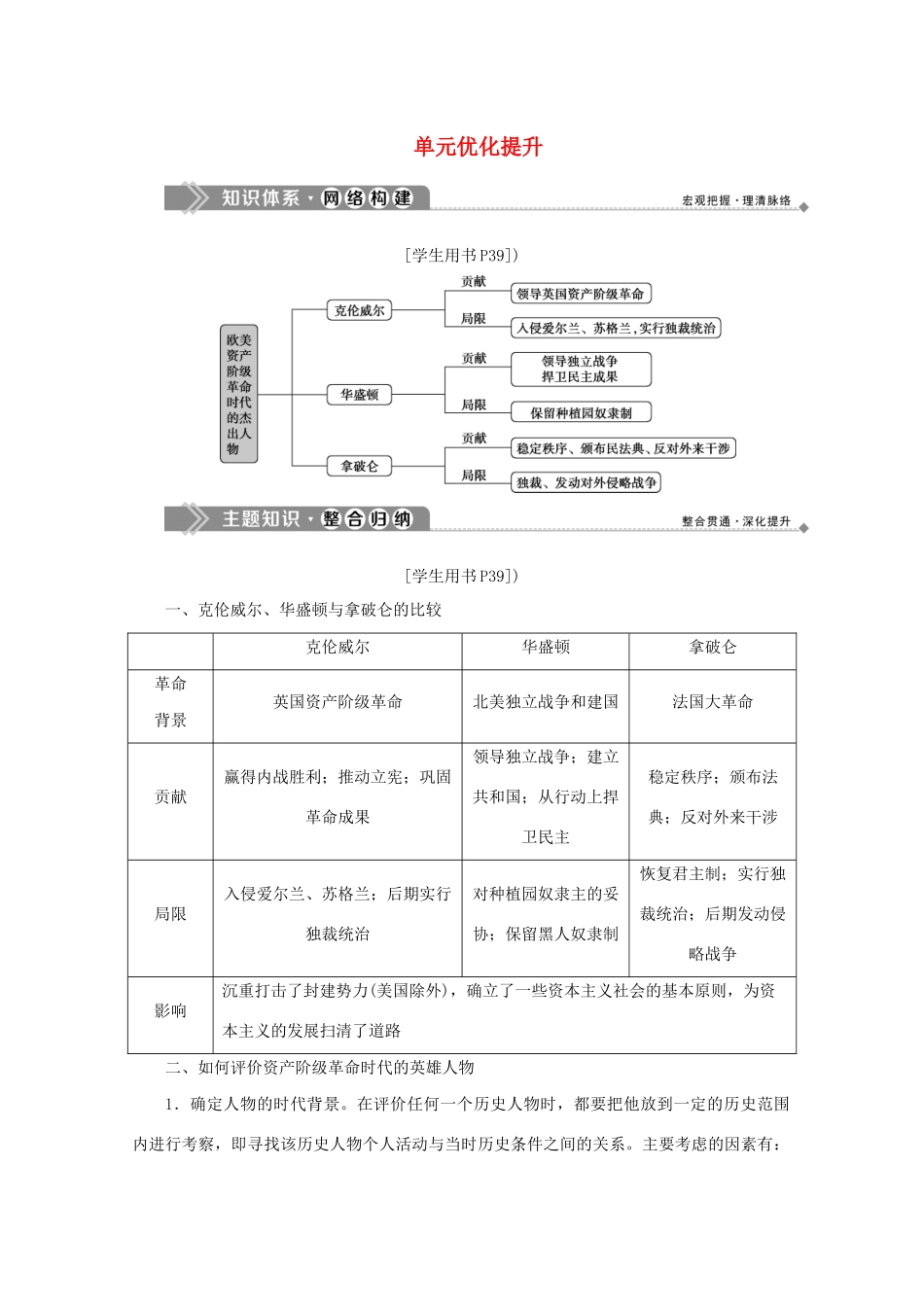 高中历史 第三单元 欧美资产阶级革命时代的杰出人物单元优化提升学案 新人教版选修4-新人教版高二选修4历史学案_第1页