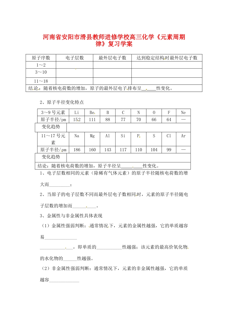 河南省安阳市滑县教师进修学校高三化学《元素周期律》复习学案_第1页