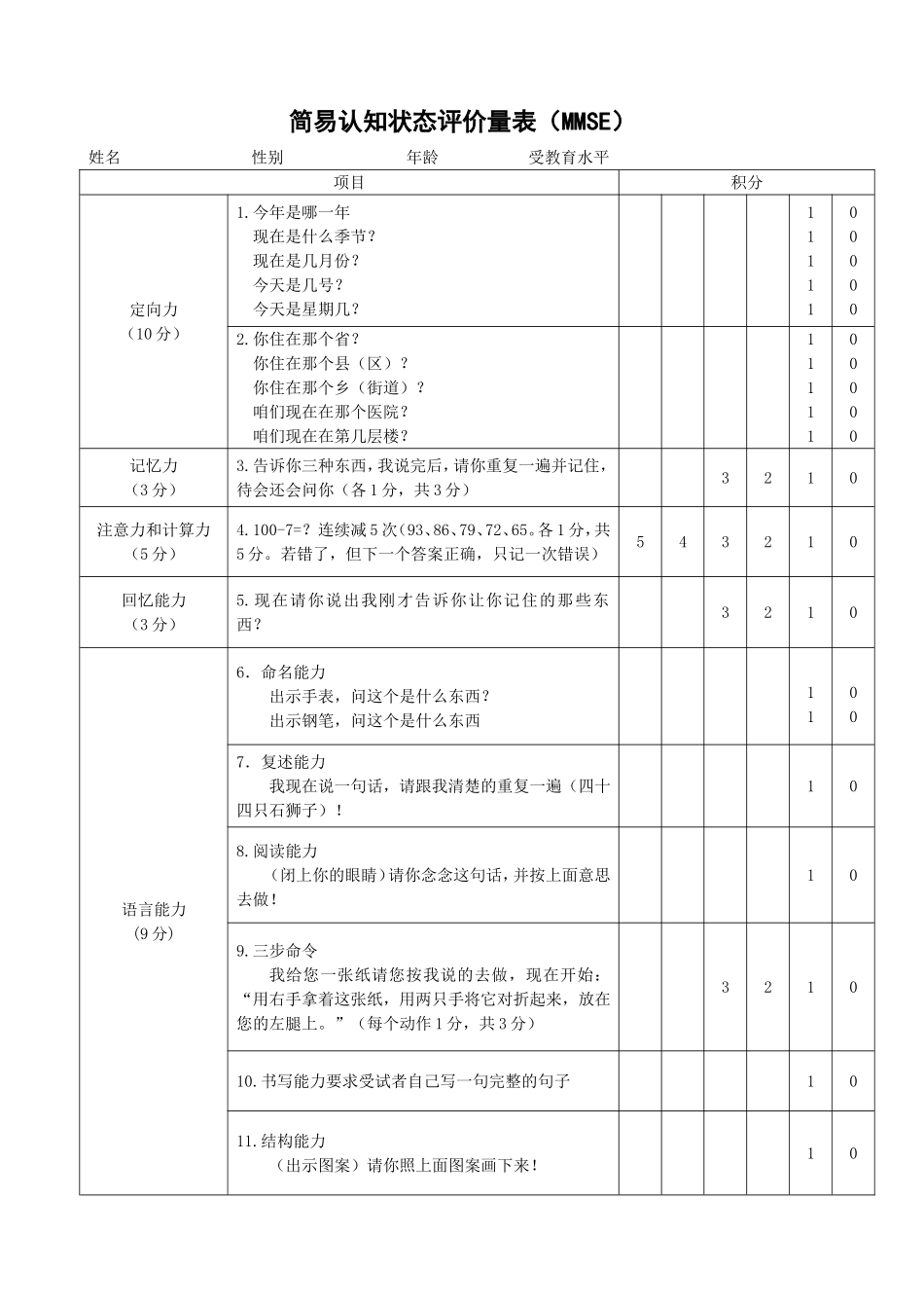 认知状态评价量表(MMSE量表)_第1页