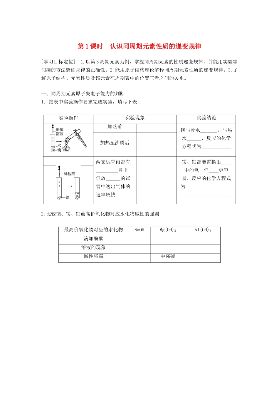 高中化学 第1章 原子结构与元素周期律 1.3.1 认识同周期元素性质的递变规律学案 鲁科版必修2-鲁科版高一必修2化学学案_第1页