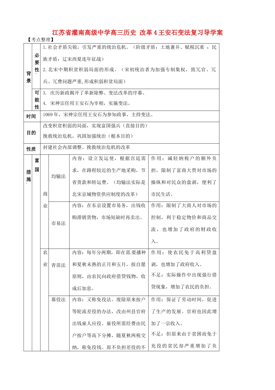 江苏省灌南高级中学高三历史 改革4王安石变法复习导学案_第1页