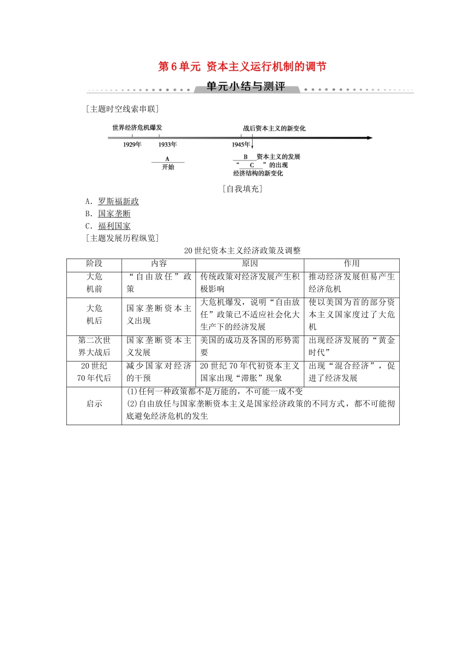高中历史 第6单元 资本主义运行机制的调节单元小结与测评学案 北师大版必修2-北师大版高一必修2历史学案_第1页
