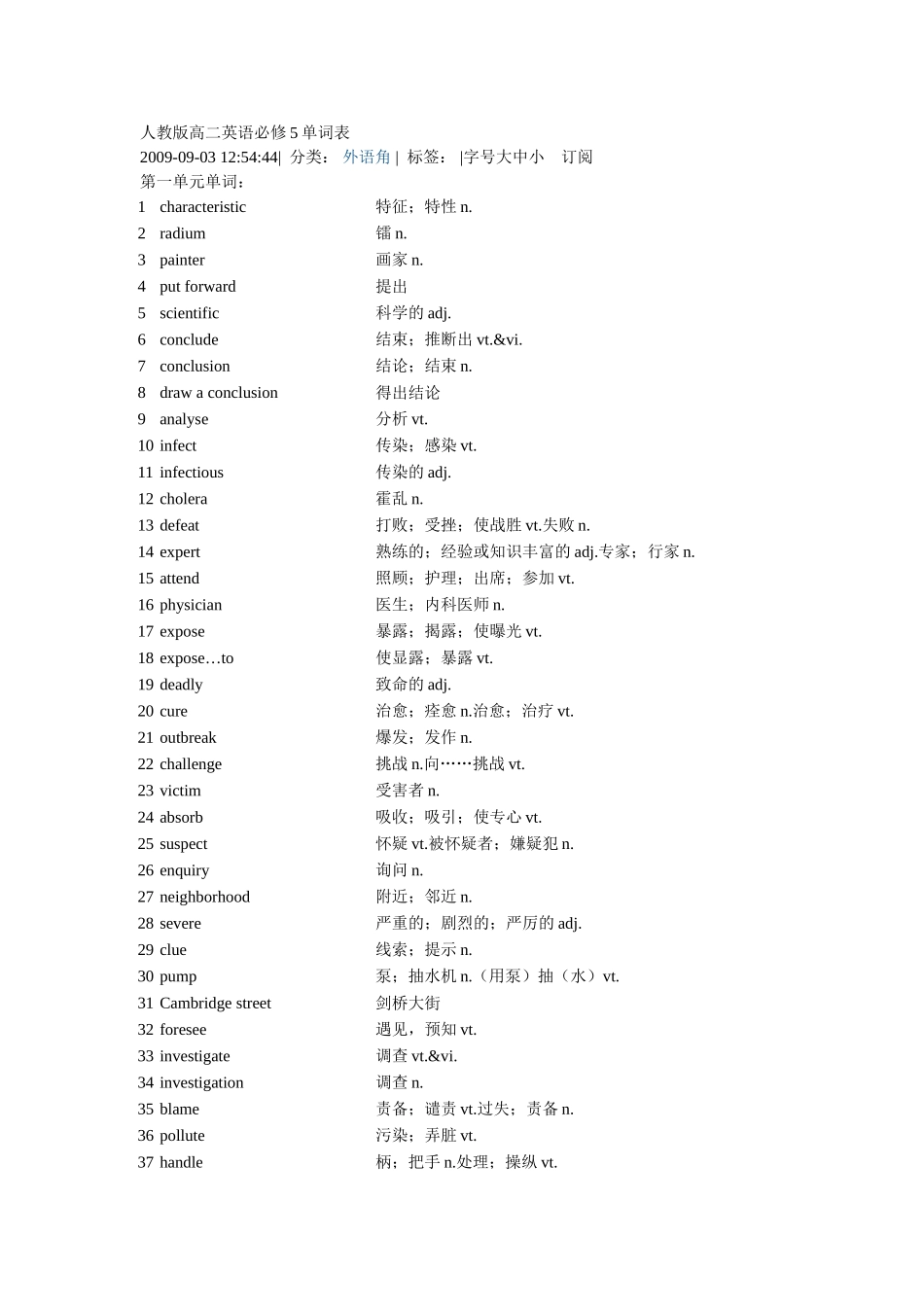 人教版高二英语必修5单词表_第1页