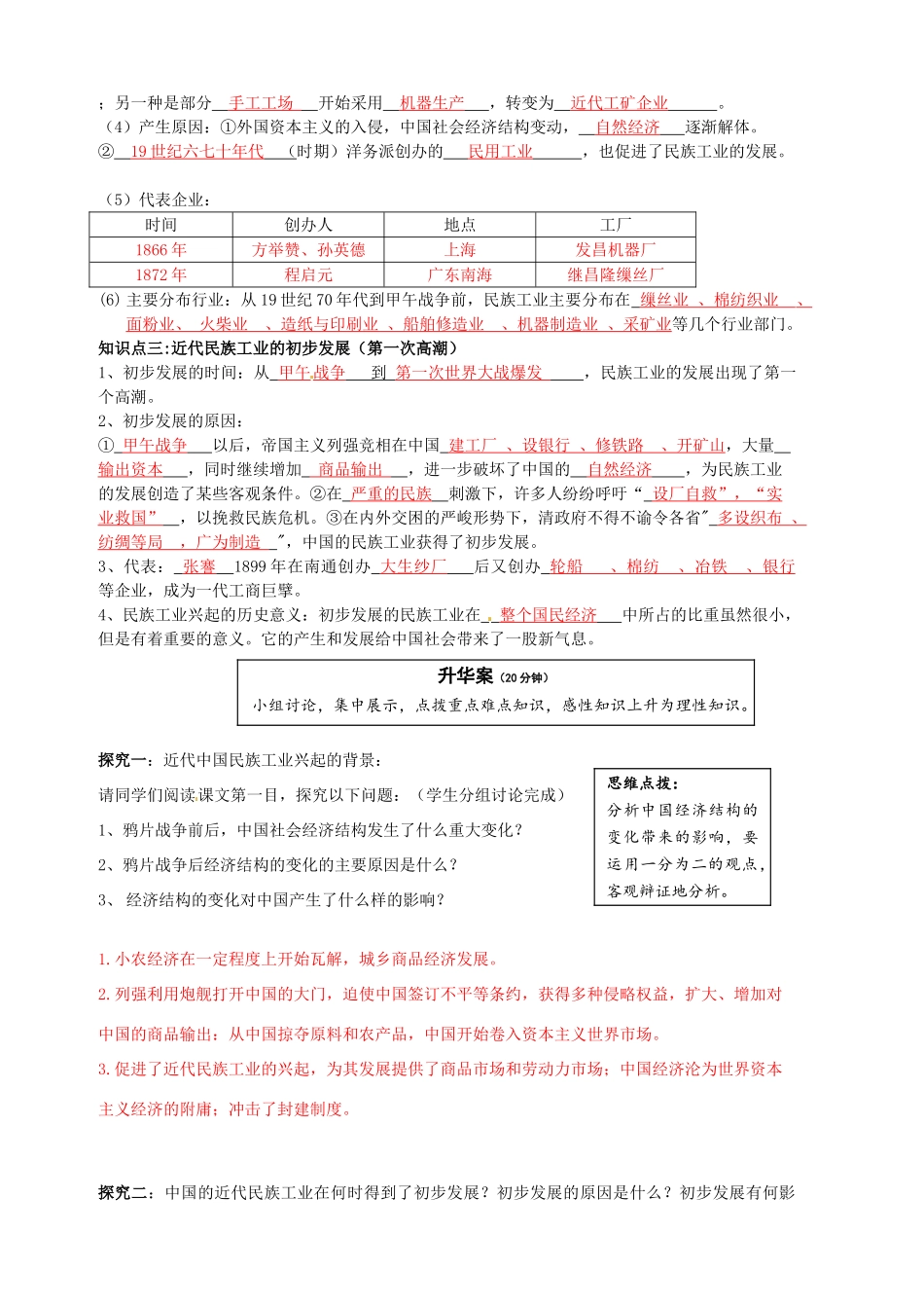 云南省宜良县第一中学高中历史 专题二 第一课 近代中国民族工业的兴起导学案 人民版必修2_第2页