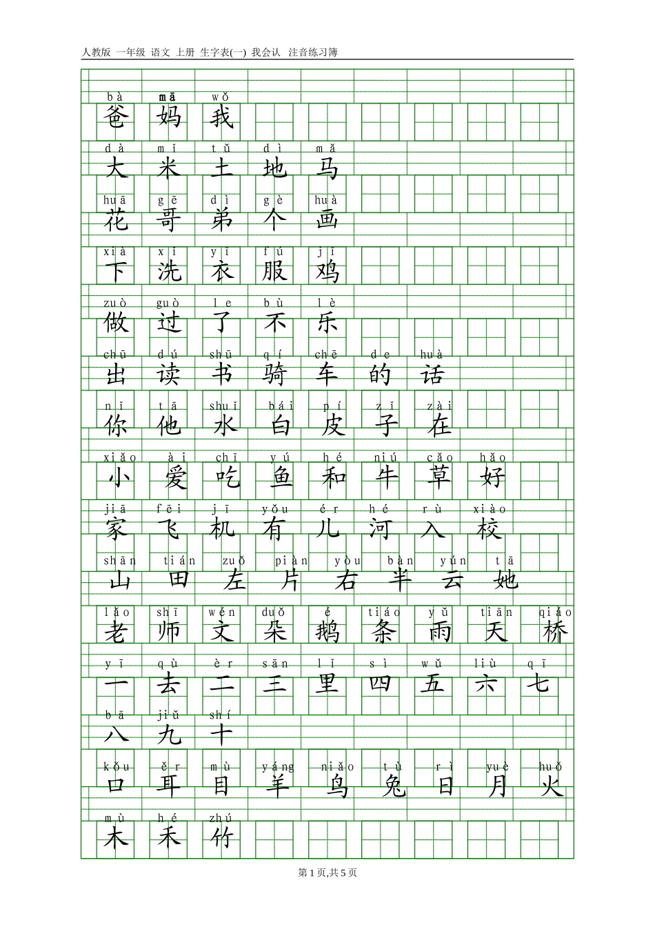 人教版一年级语文上册生字表(一)带注音_第1页