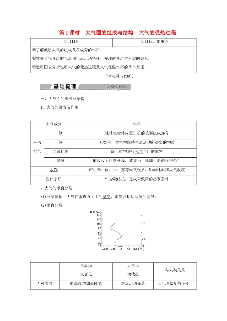 高中地理 第二单元 从地球圈层看地理环境 第二节 大气圈与天气、气候 第1课时 大气圈的组成与结构大气的受热过程学案 鲁教版必修1-鲁教版高一必修1地理学案_第1页