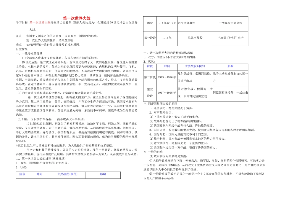 高中历史 专题一 第一次世界大战学案 人民版选修3-人民版高二选修3历史学案_第1页