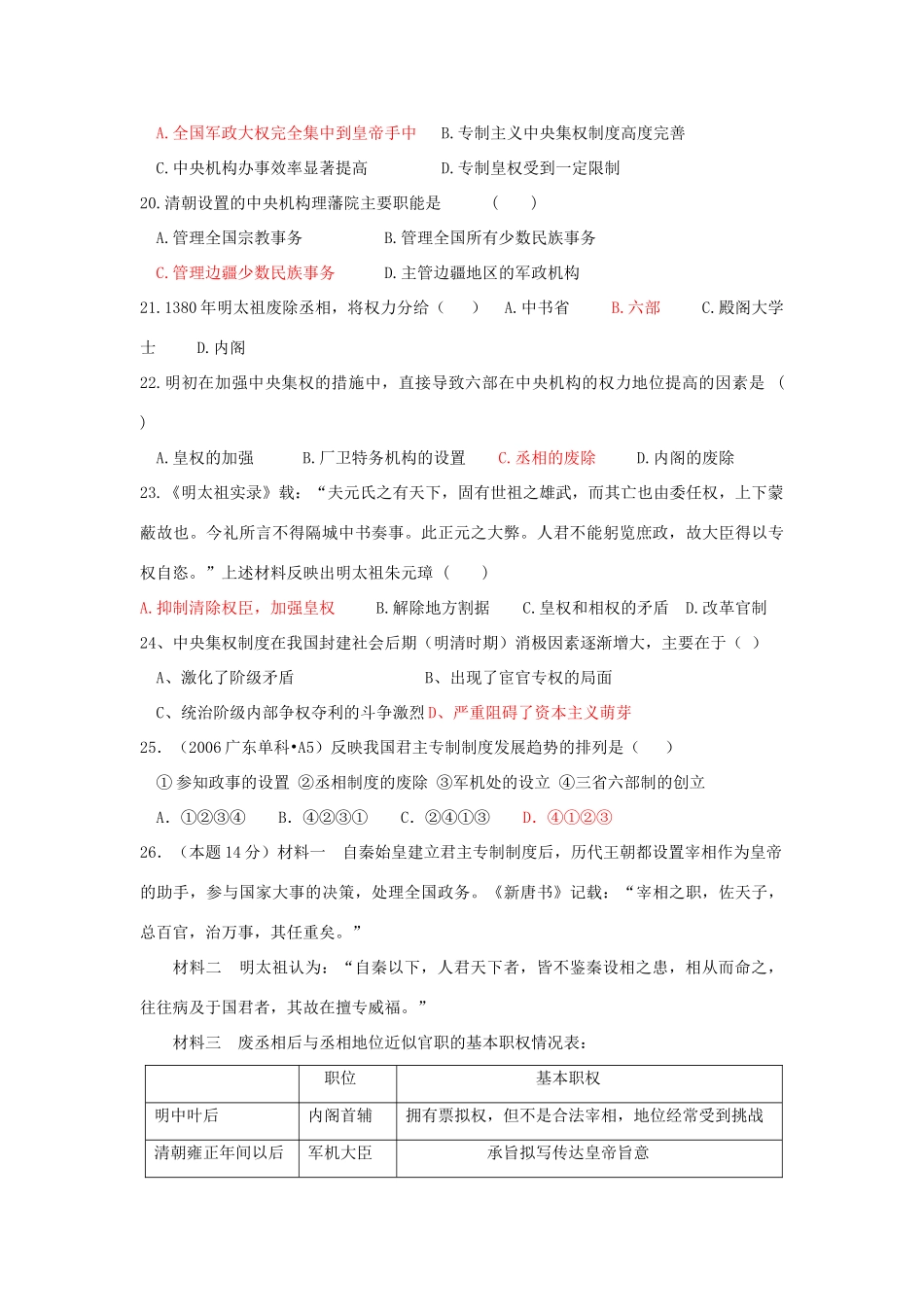 高中历史专题一 古代中国的政治制度单元检测教学案 人民版必修1_第3页