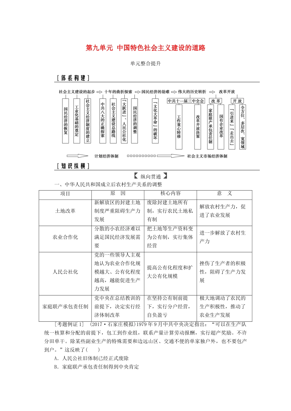 高考历史总复习 第九单元 中国特色社会主义建设的道路单元整合提升学案-人教版高三全册历史学案_第1页