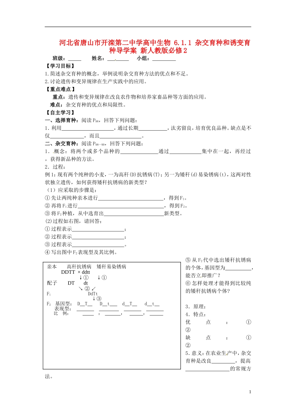 河北省唐山市开滦第二中学高中生物 6.1.1 杂交育种和诱变育种导学案 新人教版必修2_第1页