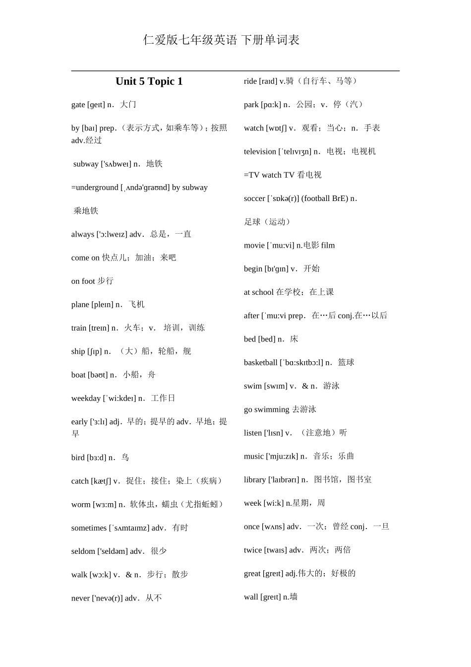 仁爱版七年级英语-下册单词表_第1页