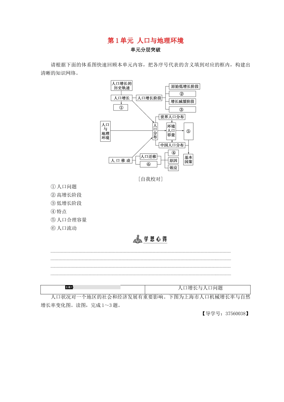 高中地理 第1单元 人口与地理环境单元分层突破学案 鲁教版必修2-鲁教版高一必修2地理学案_第1页