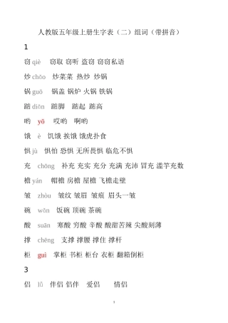 人教版五年级上册生字表(二)组词(带拼音)