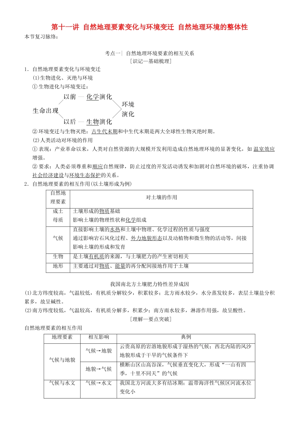 高考地理一轮复习 第十一讲 自然地理要素变化与环境变迁 自然地理环境的整体性讲练结合学案-人教版高三全册地理学案_第1页