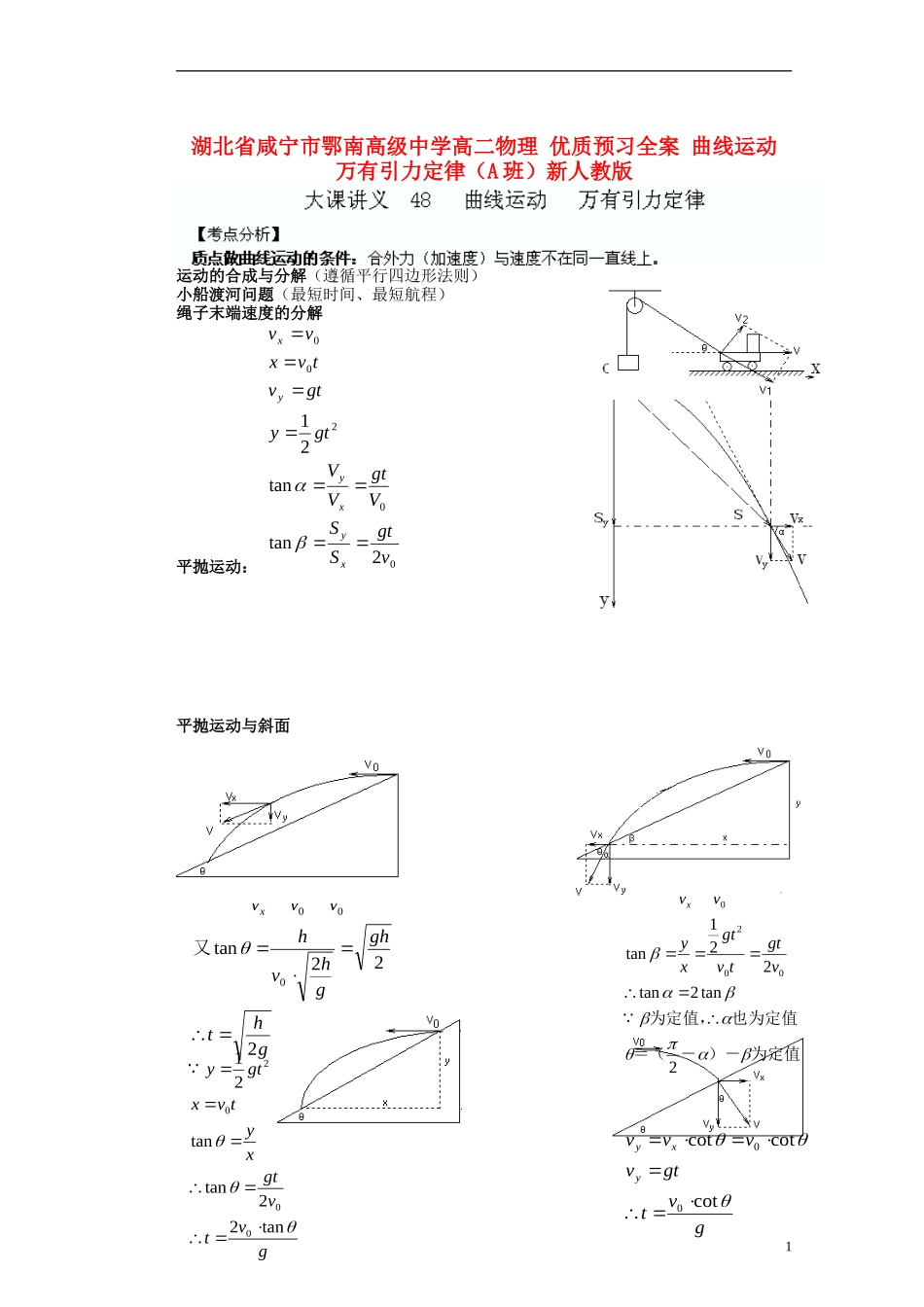 湖北省咸宁市鄂南高级中学高二物理 优质预习全案 曲线运动 万有引力定律（A班）新人教版_第1页