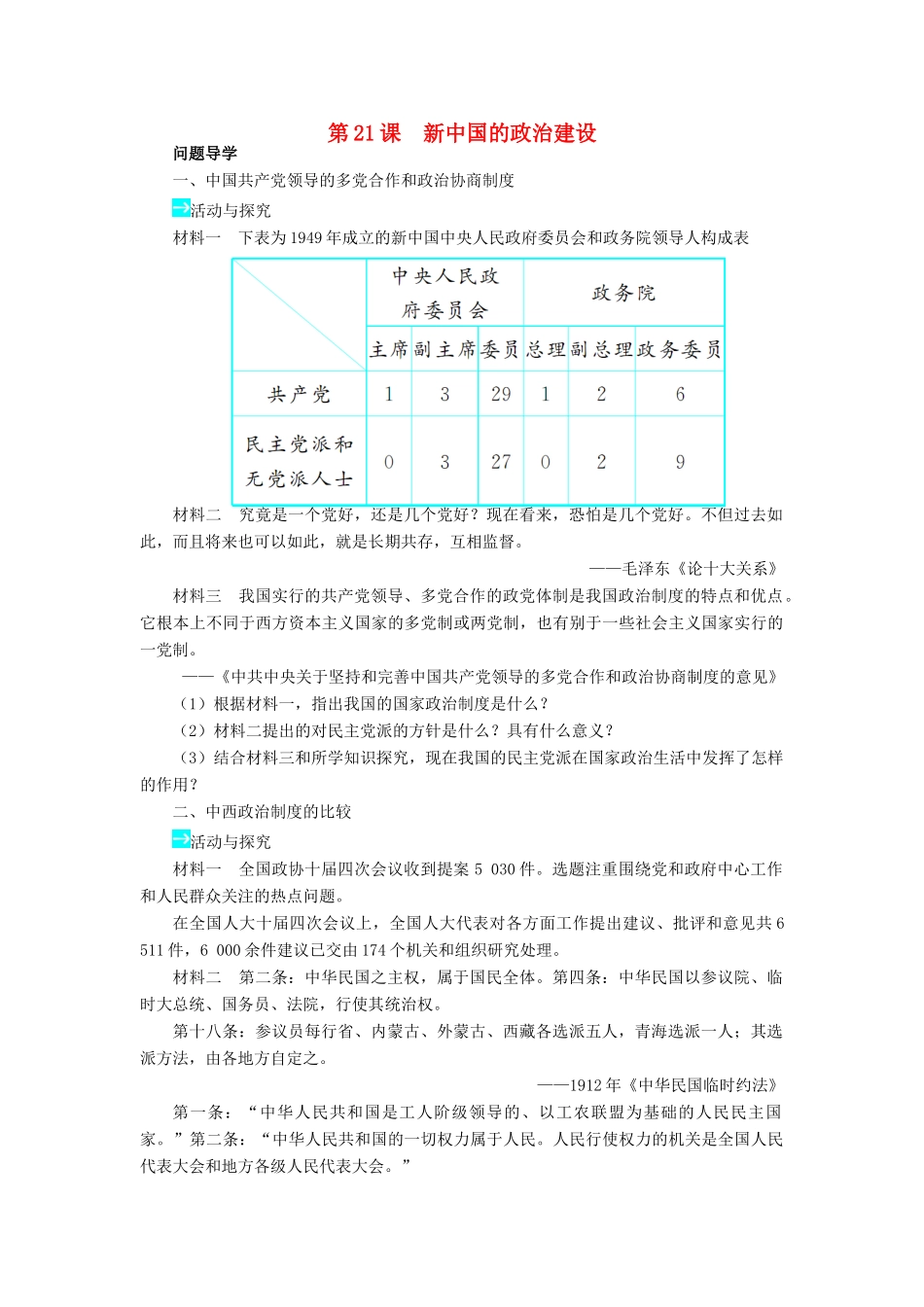 高中历史 第六单元 中国社会主义的政治建设与祖国统一 21 新中国的政治建设学案 岳麓版必修1-岳麓版高一必修1历史学案_第1页