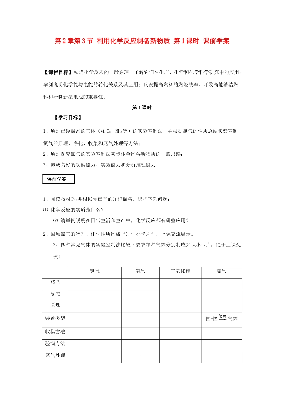 山东省威海二中高中化学 第2章第3节 利用化学反应制备新物质 第1课时课前学案 鲁科版必修2_第1页