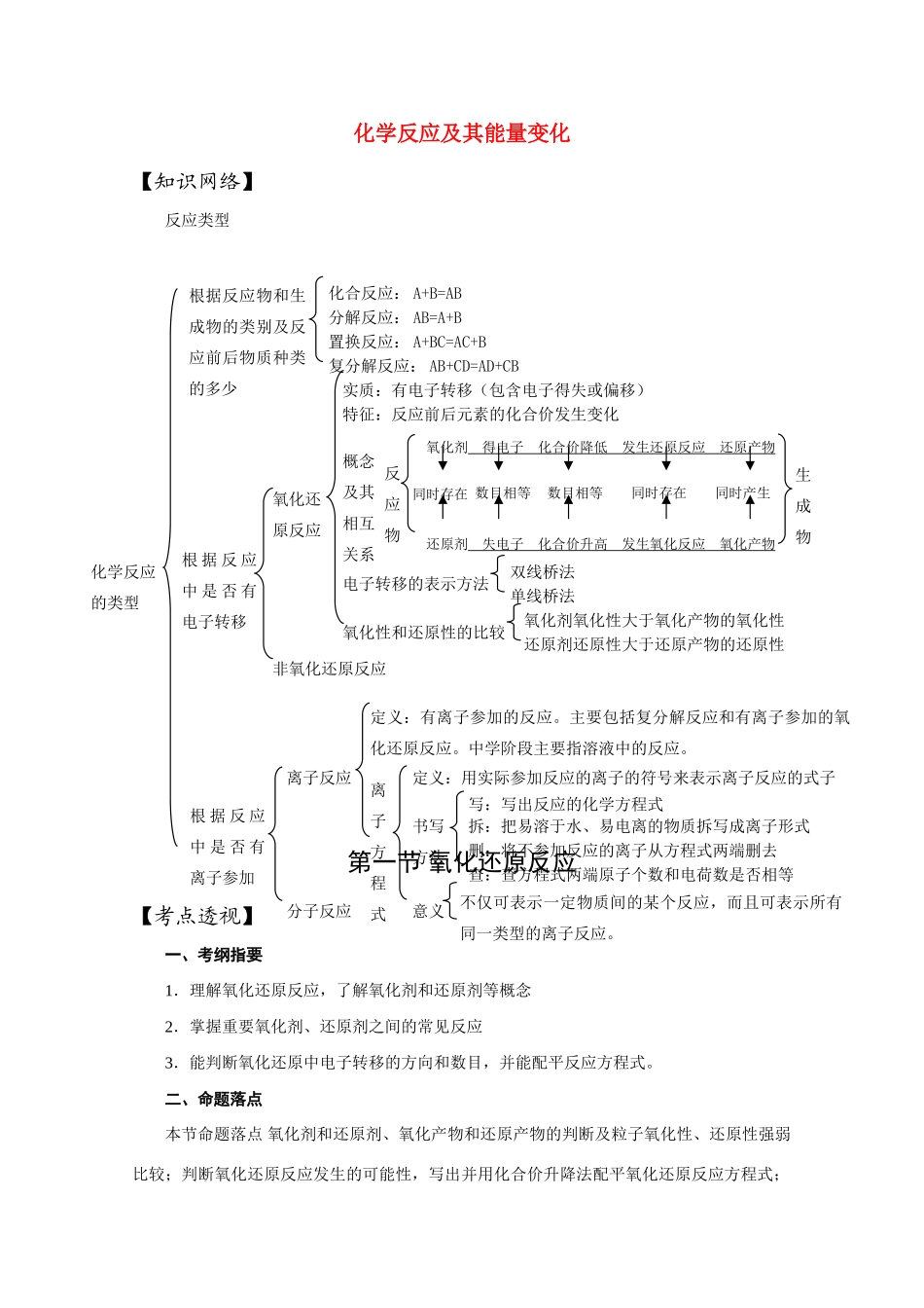 高中化学：第一章 化学反应及其能量变化 学案（旧人教版必修1）_第1页