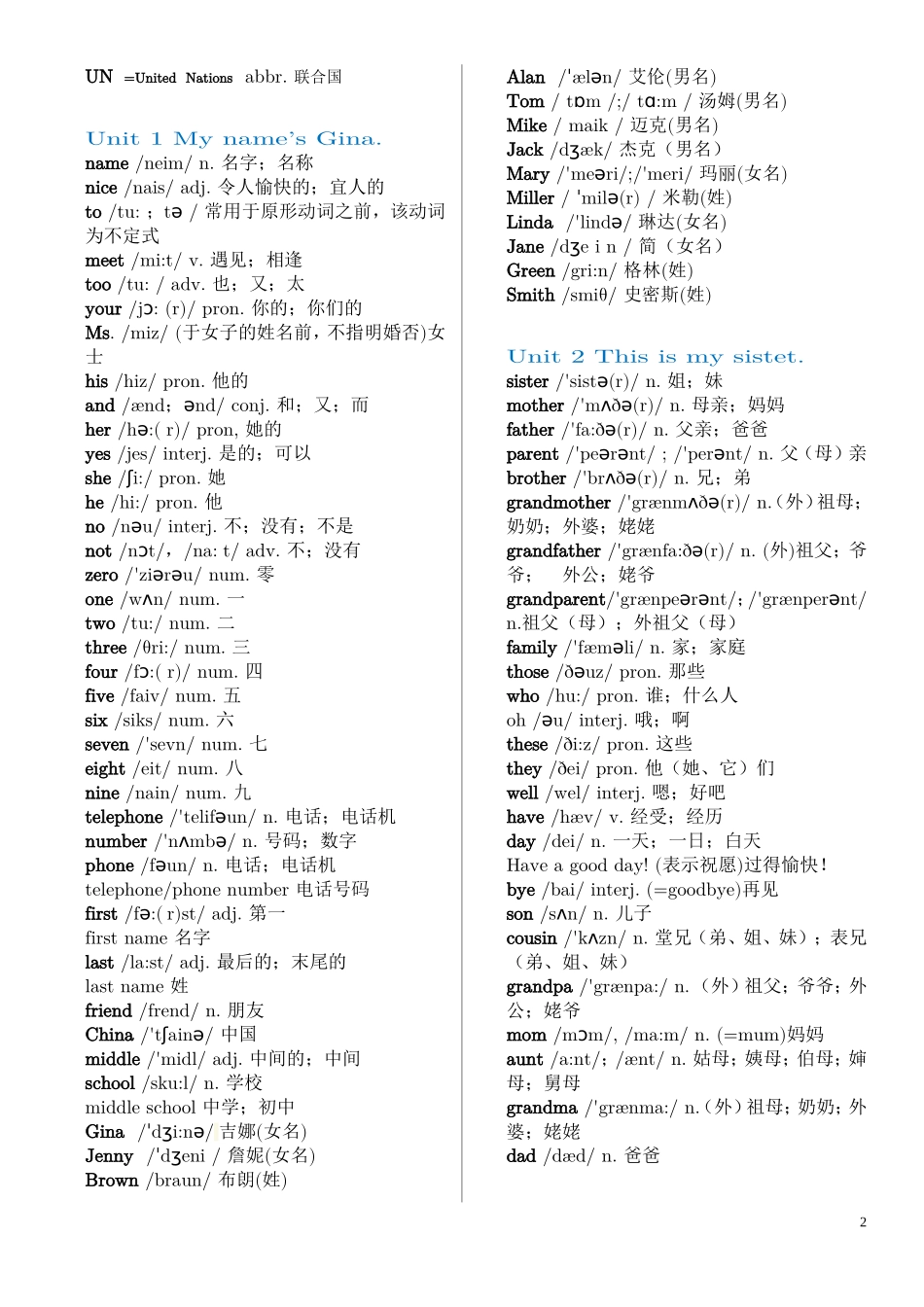 人教版七年级上册英语各单元-单词表(含音标)(全面)2017年版本_第2页