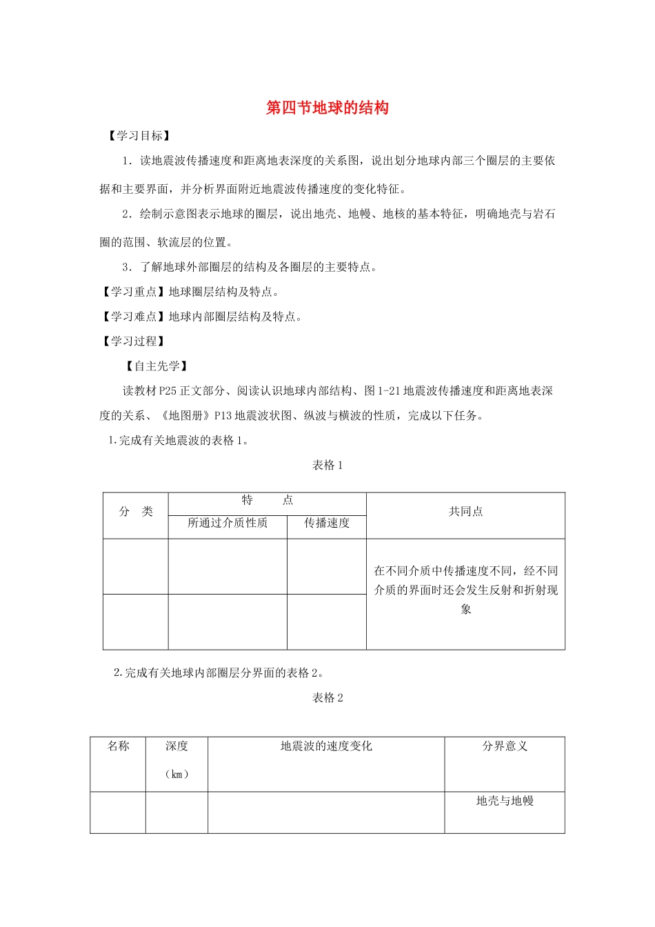 高中地理 第一章 宇宙中的地球 1.4 地球的结构导学案（无答案）湘教版必修1-湘教版高一必修1地理学案_第1页