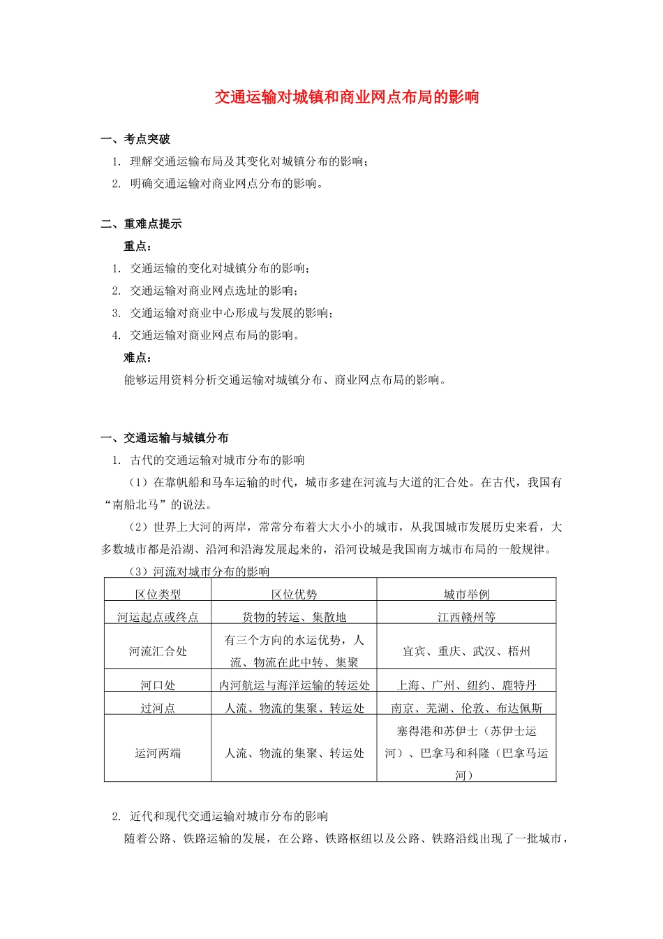 高中地理 第三章 区域产业活动 第四节 交通运输布局及其对区域发展的影响2 交通运输对城镇和商业网点布局的影响学案 湘教版必修2-湘教版高一必修2地理学案_第1页