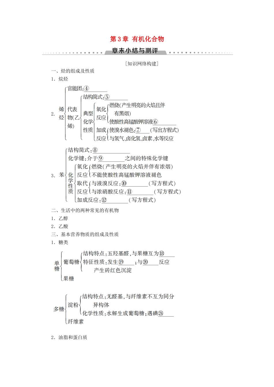 高中化学 第3章 有机化合物章末小结与测评学案 新人教版必修2-新人教版高一必修2化学学案_第1页