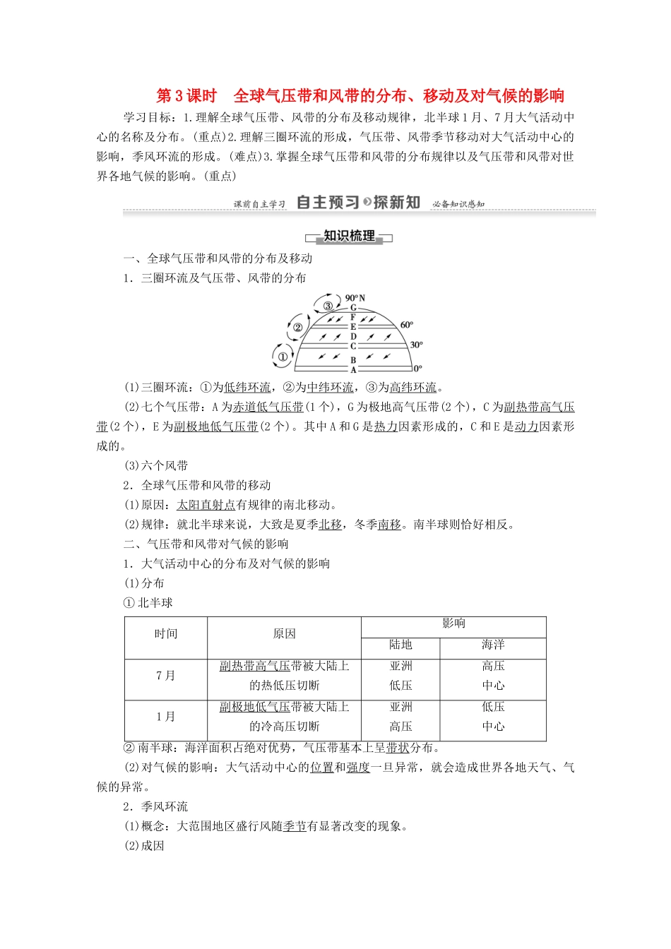 高中地理 第2章 自然环境中的物质运动和能量交换 第3节 大气环境 第3课时 全球气压带和风带的分布、移动及对气候的影响学案 湘教版必修1-湘教版高一必修1地理学案_第1页