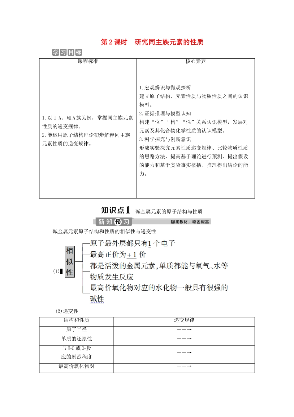 高中化学 第一章 原子结构 元素周期律 第三节 元素周期表的应用 第2课时 研究同主族元素的性质学案 鲁科版必修第二册-鲁科版高一第二册化学学案_第1页