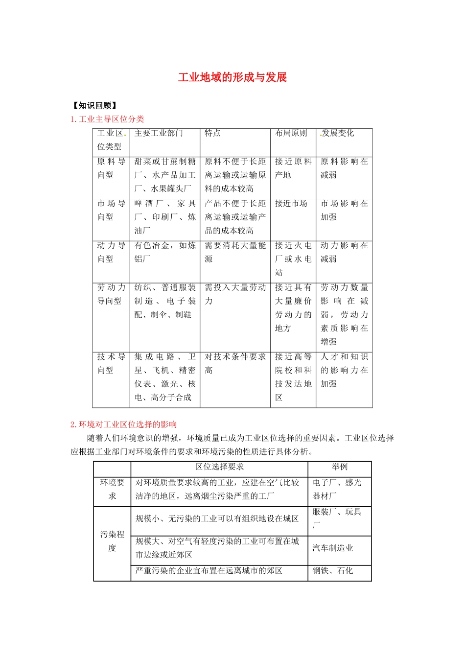 高三地理一轮复习 工业地域的形成与发展学案（含解析）-人教版高三全册地理学案_第1页