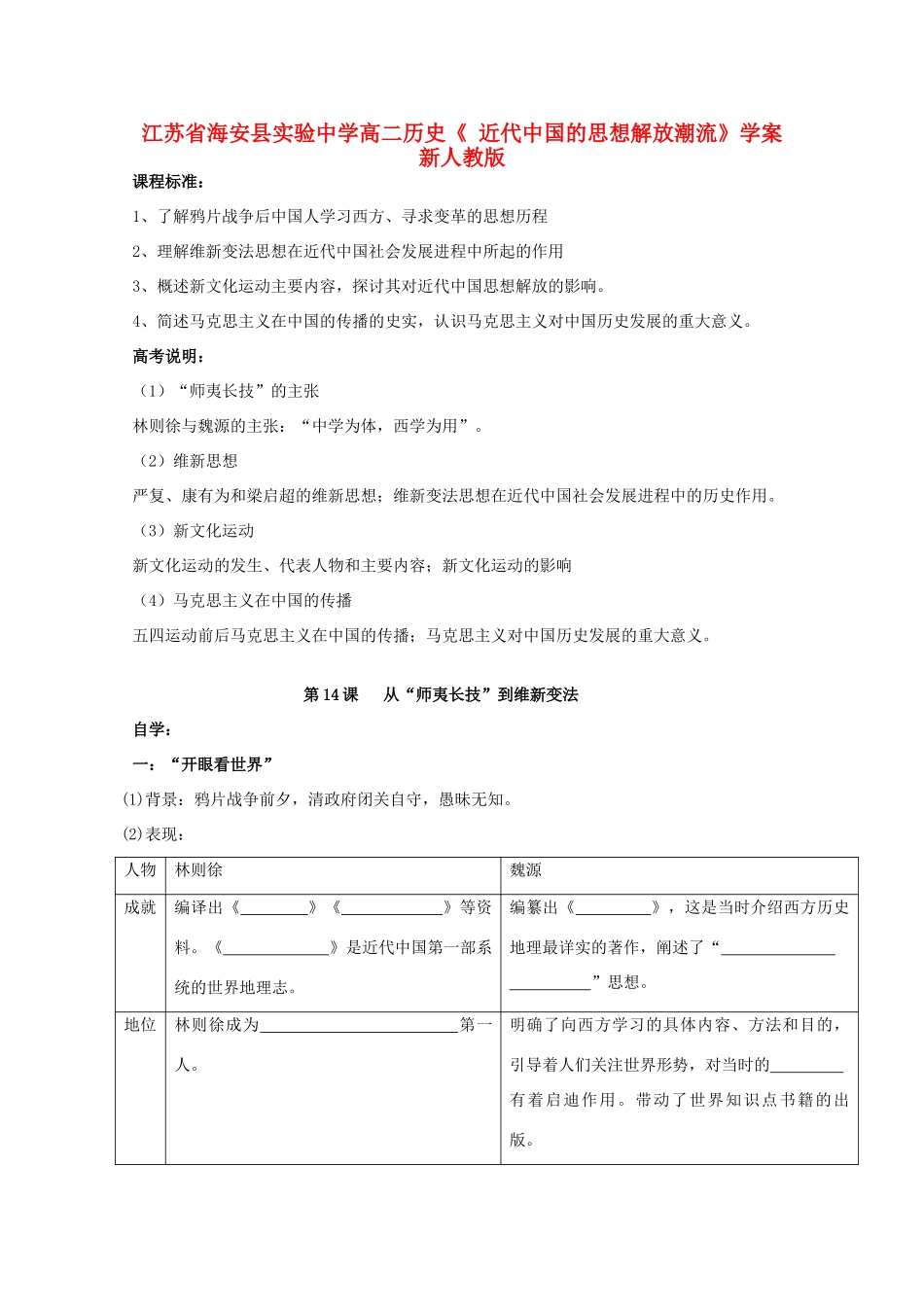 江苏省海安县实验中学高二历史《 近代中国的思想解放潮流》学案 新人教版_第1页